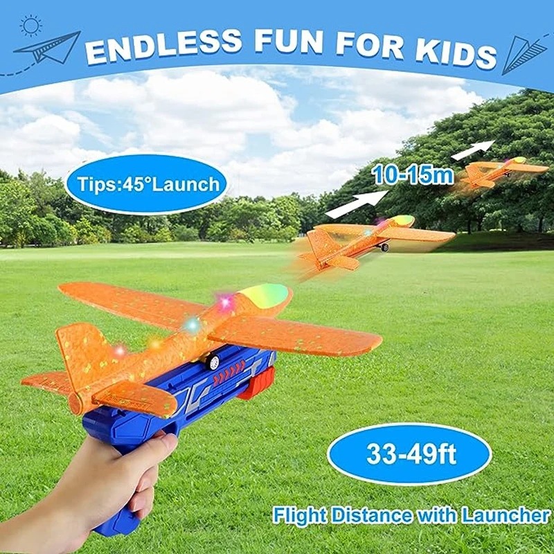 Foam Airplane Launcher Toy Without Box 2-in-1 Hand Throw & Catapult Plane Gun | LED Light Up Glider Aircraft Shooting Toy for Kids Outdoor Flying Game Gift