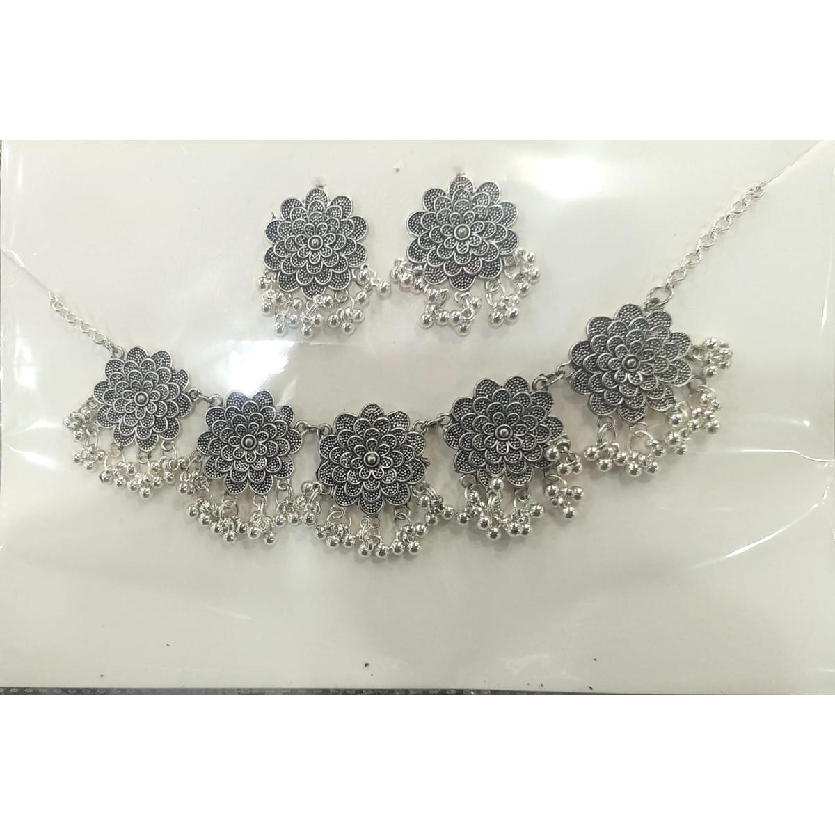 Antique Silver Afghani RoseNecklace With Earrings For Women & Girls / Fancy Pendant for Girls / Neckless & Pendants For Ladies / Latest Choker Jewelry Set