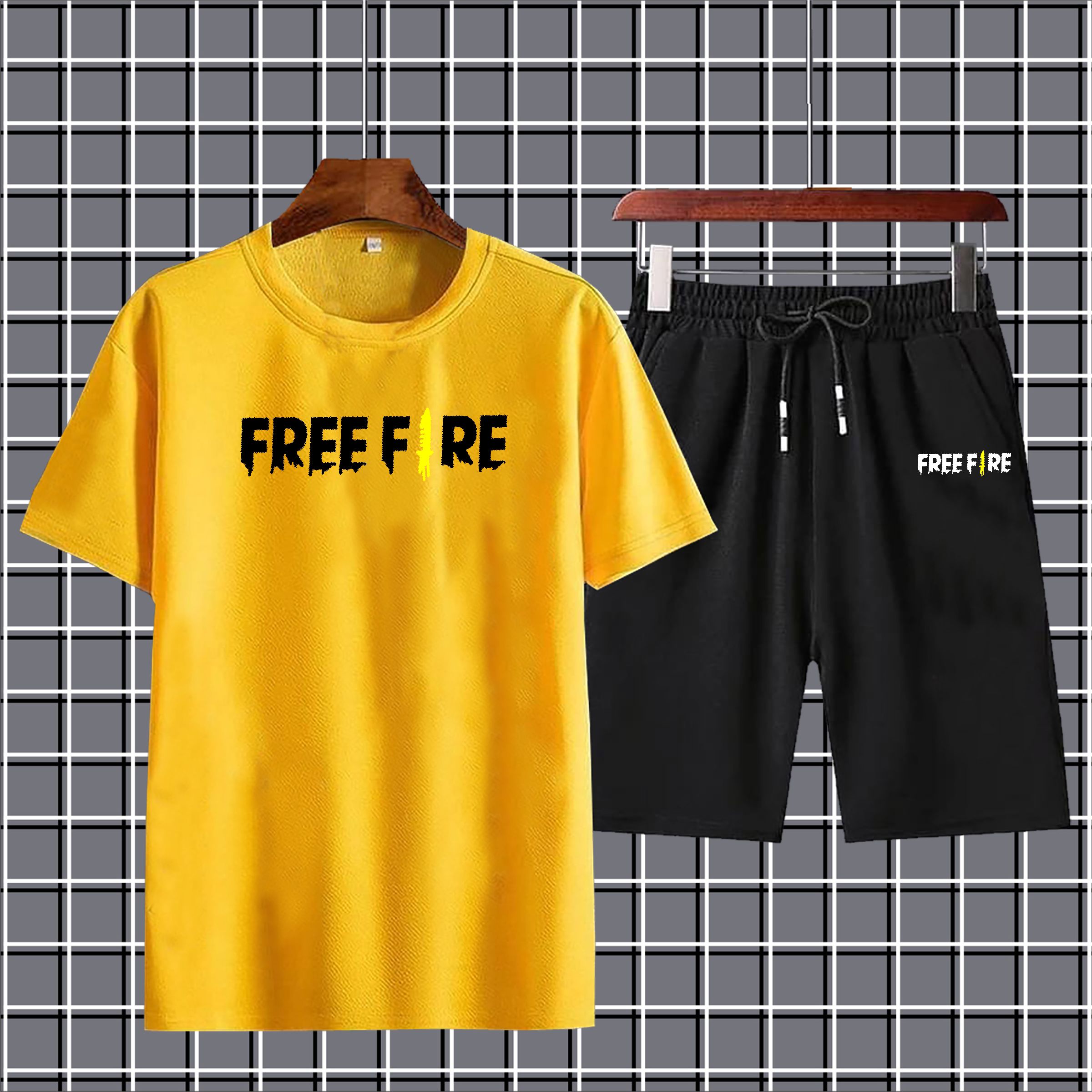 Free fire printed summer short track for men tshirt+short-yellow