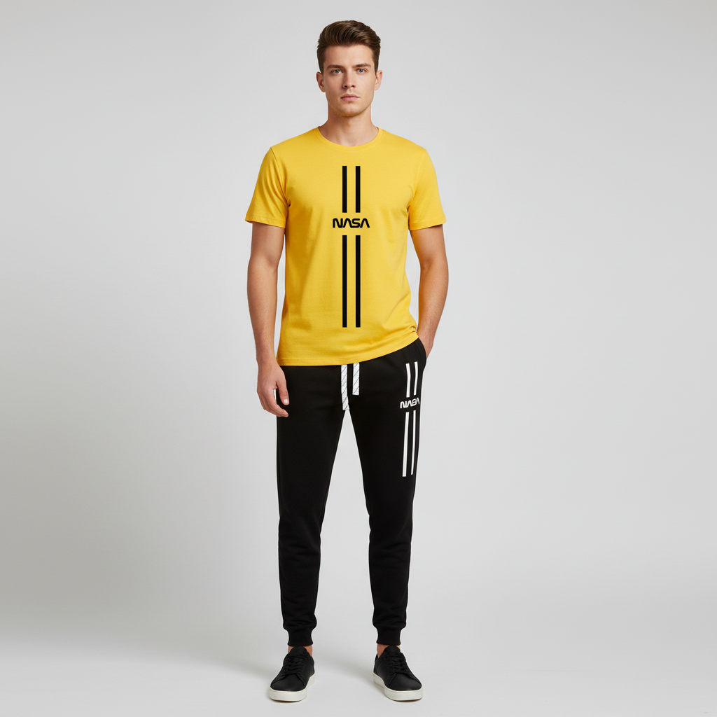 Yellow & black Nasa printed summer tracksuit soft & comfortable fabric premium quality printed tracksuit for men and boys