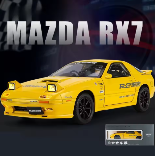 1:24 Mazda RX-7 Alloy Diecast Model Car – Metal Body, Pull Back, Light & Sound, Openable Doors, JDM Sports Car