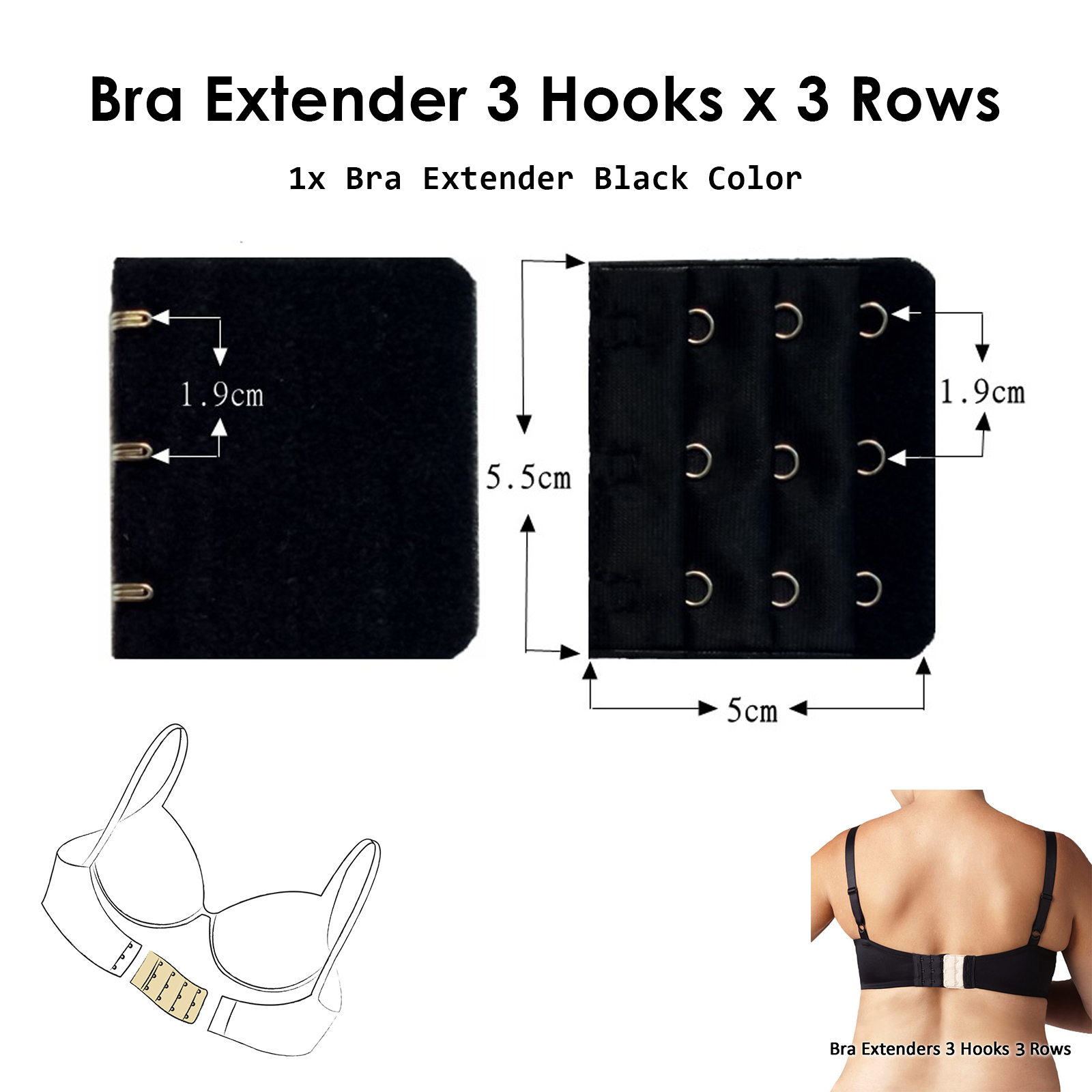 Top Quality Bra Strap Extender Hooks Increase 0.5 to 2 inches to Band Size  of your Brassiere Bra Extension 3-Hooks and 3-Rows in Black and Skin Color