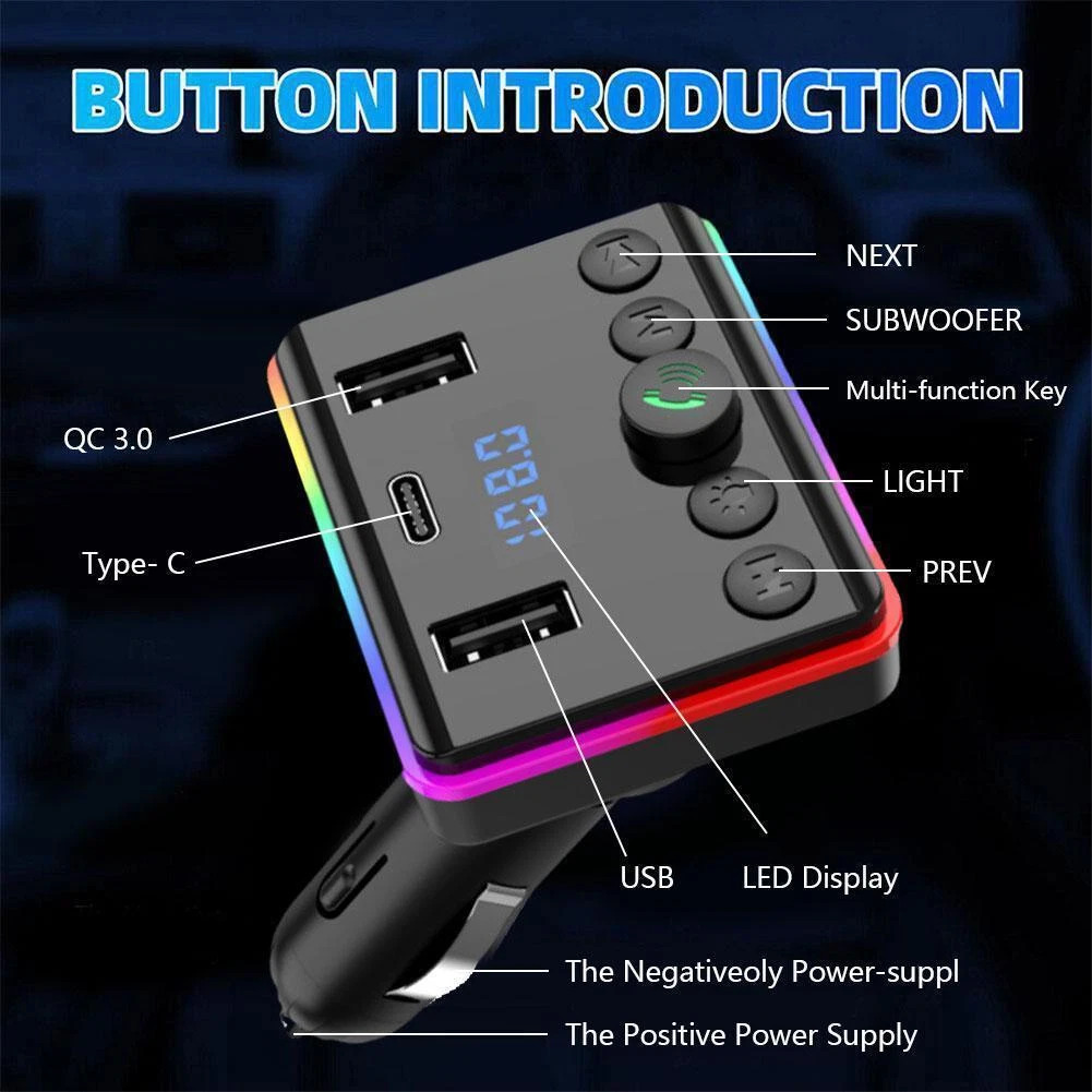 Handsfree Call Car Charger, Bluetooth 5.3 USB Car Charger Adapter FM Transmitter Radio Receiver, with Remote Control - Type-C + USB, Noise Reduction for 12-24V Vehicles, Music Playback,