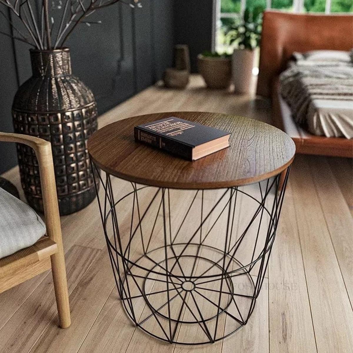 METAL WIRE REMOVABLE WOOD TOP FOLDABLE ROUND COFFEE SIDE TABLE STORAGE BASKET( 16 L 16 W 18.5 H )