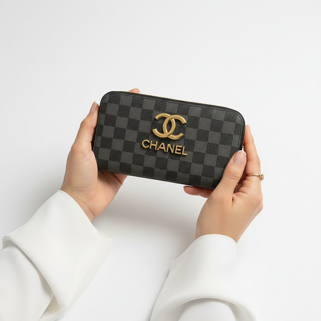 Luxury Designer Zip Wallet for Women – Checkered Pattern PU Leather Purse – Stylish Zipper Wallet with Golden LogoLuxury Designer Zip Wallet for Women – Checkered Pattern PU Leather Purse – Stylish Zipper Wallet with Golden Logo – Stylish Wallet for Women