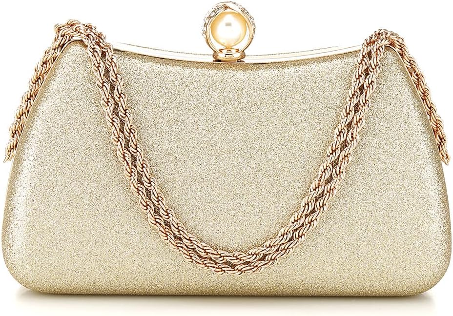 Glitter Evening Clutch Bag for Women – Fancy Bridal Purse with Pearl Clasp & Detachable Chain  Elegant Wedding & Party Handbag for Girls  Luxury Metal Frame Clutch