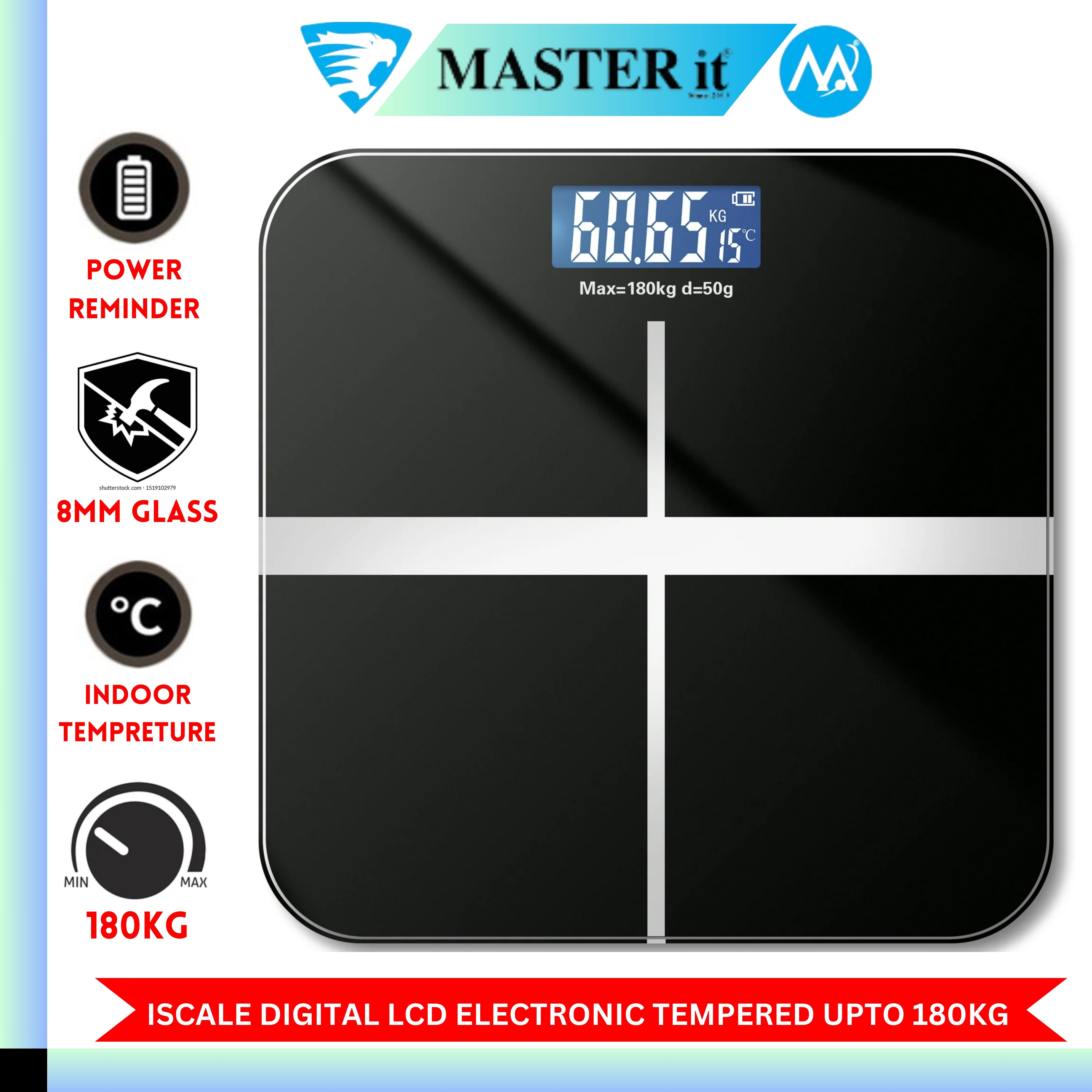 Upto 180kg iScale Rechargeable Weight Machine - 8mm Tempered Glass - Digital Heavy Duty Electronic Weighing Scale with Dual LED Display - Heavy Electric Weight Machine With Durable Steel Quality - For Home & Personal Use - Black//Blue/Silver