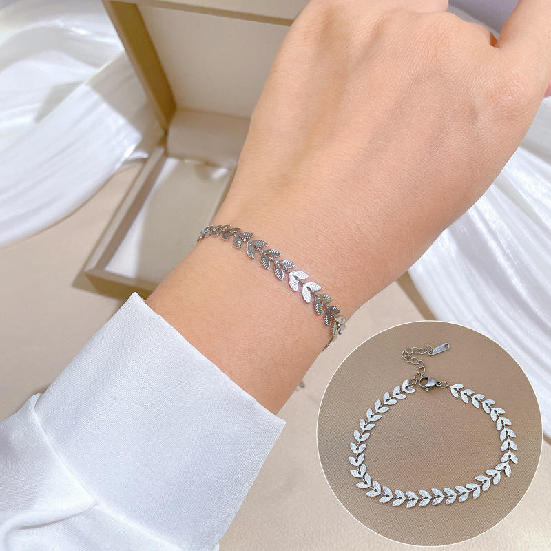 Jewels & Glow HOVANCI Beach Theme Jewelry | Novelty Plus Size Stainless Steel Water Resistant Wheat Leaf Anklet | Personalized Minimalist Leaf Shaped Chain Bracelet | Real 925 Sterling Silver Fashion Leaf Synthetic Pearl Charm Bracelet for Women | Gold-Pl
