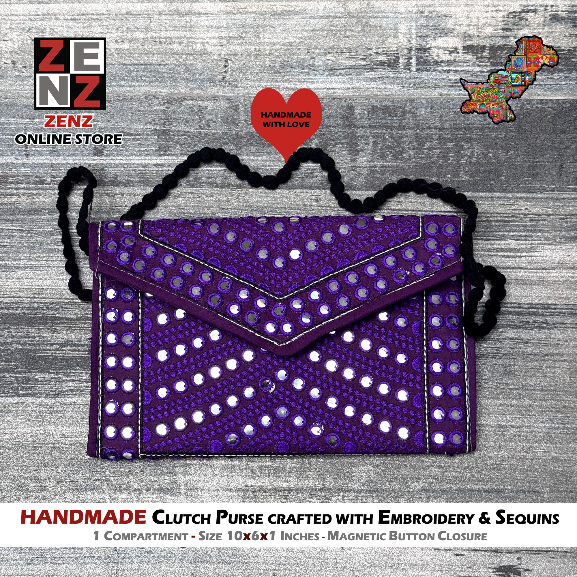 ZENZ Pakistani Traditional  Sindhi Embroidery Hand Made Bag Purse Clutch Size 12x8 and 10x6 and 9x7 inches Embroidered Sequins Work for Girls Women Handicraft Vintage Hippie