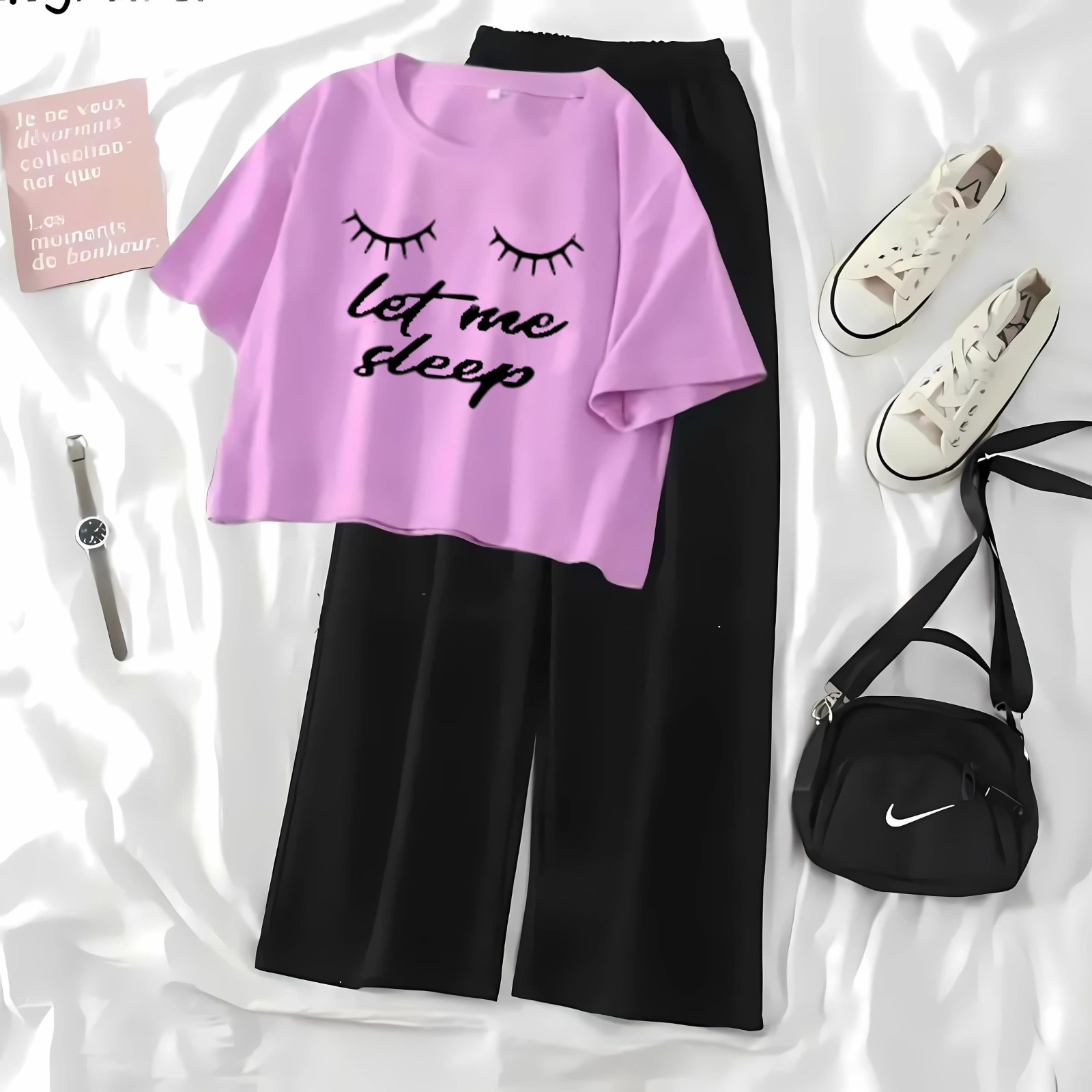 High-Quality Summer Printed Crop Top Tee and Black Plazo Combo Set