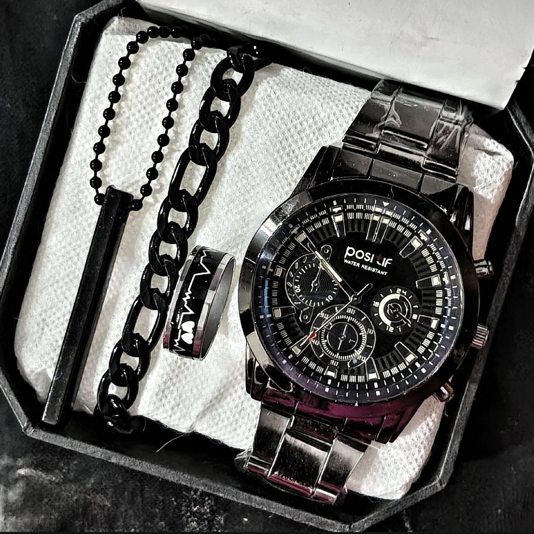 Pack of 4 Watch Set for Men Stainless Steel Fashion Watch, Bracelet, Ring and Locket Casual Business Style Black
