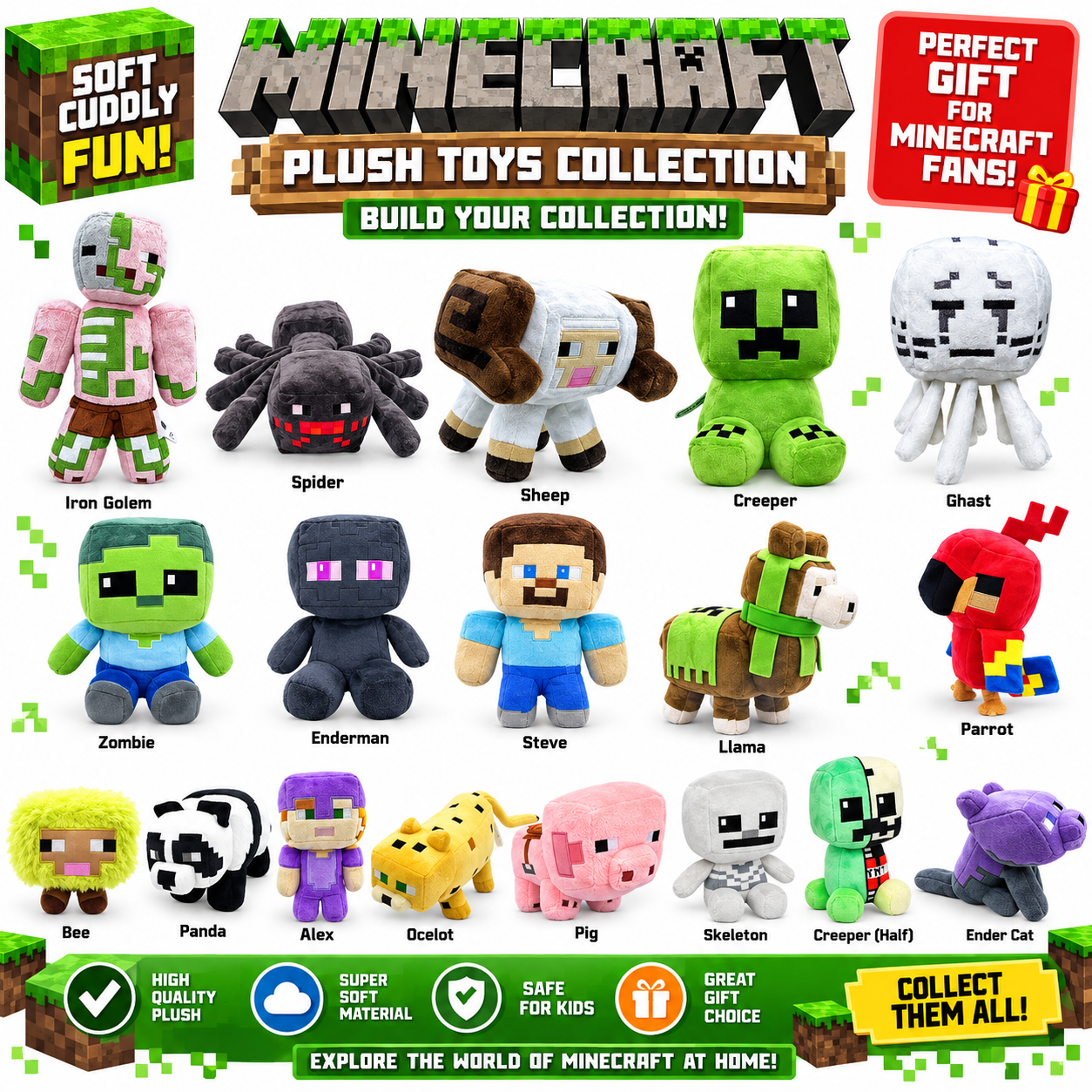 Minecraft Characters Soft Plush Toys – Premium Stuffed Plush Dolls for Kids & Gamers | Soft Cuddly Gift Collection