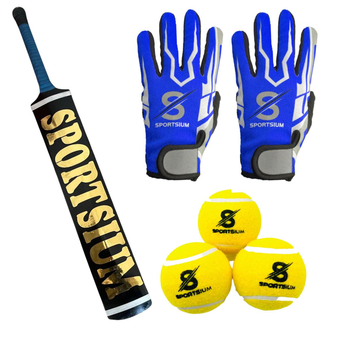 Pack Of 3- Sportsium Tape Ball Full CAne Handle Cricket Bat with 3 Sportsium Tape Balls and a Pair of Batting Gloves