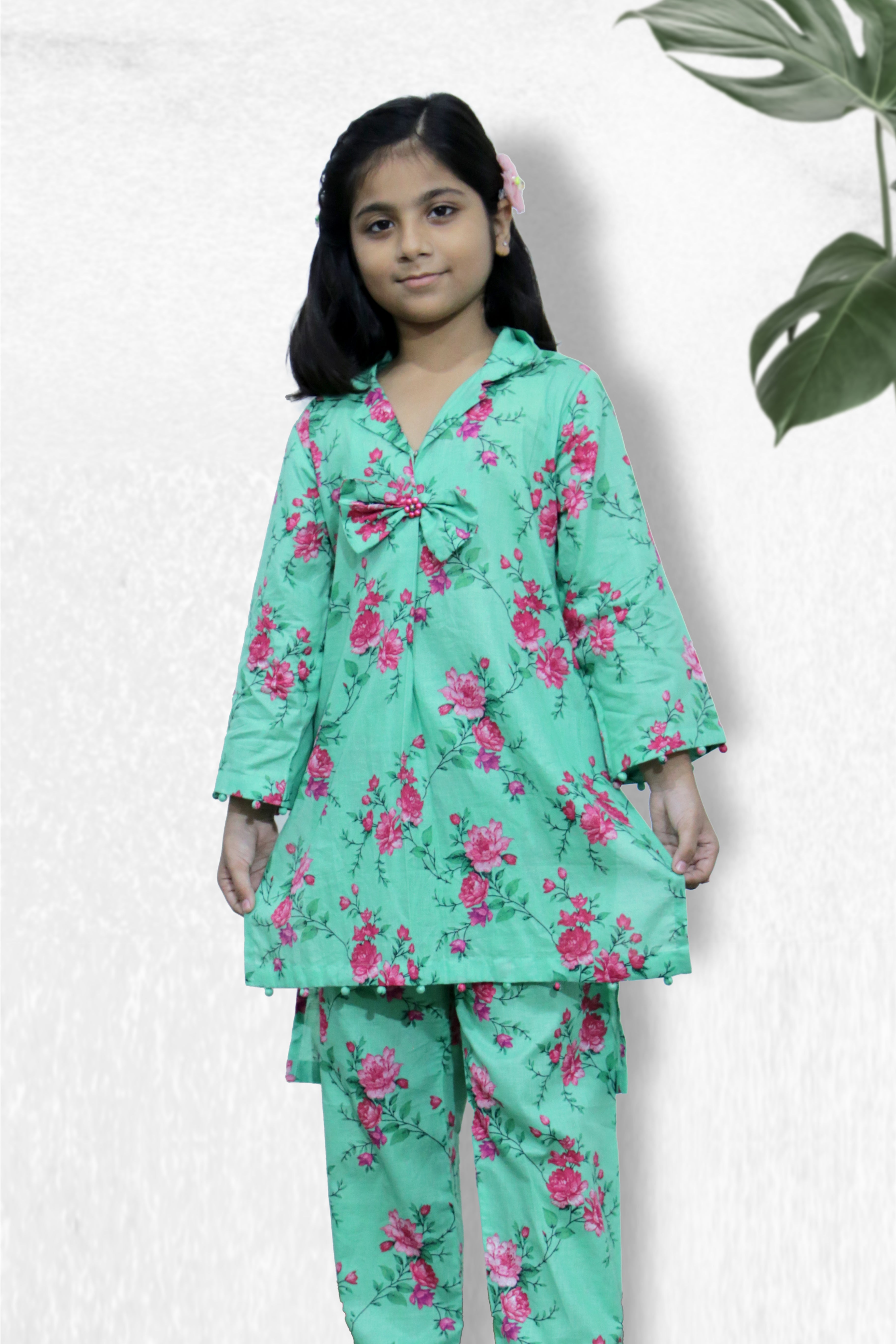 2 Pcs Girls Printed Suit Stitching Cotton