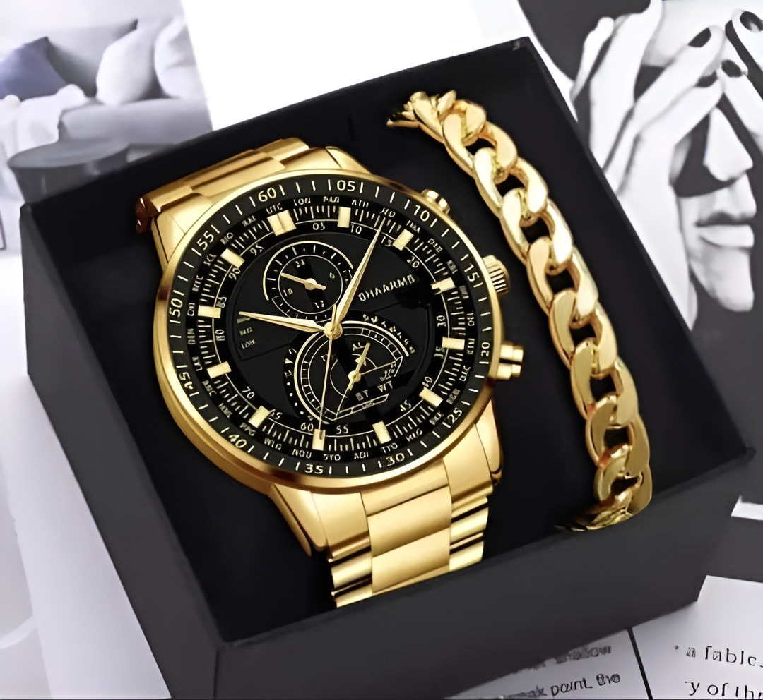 Premium Men’s Luxury steel straps round dial watches hand watch-silver watch- men watches-watch for boys-watch for men-watch for kids-watch for young's-watch for boys + Bracelet + With Chain+Ring -High Quality stylish-branded-watch Best  for Gift