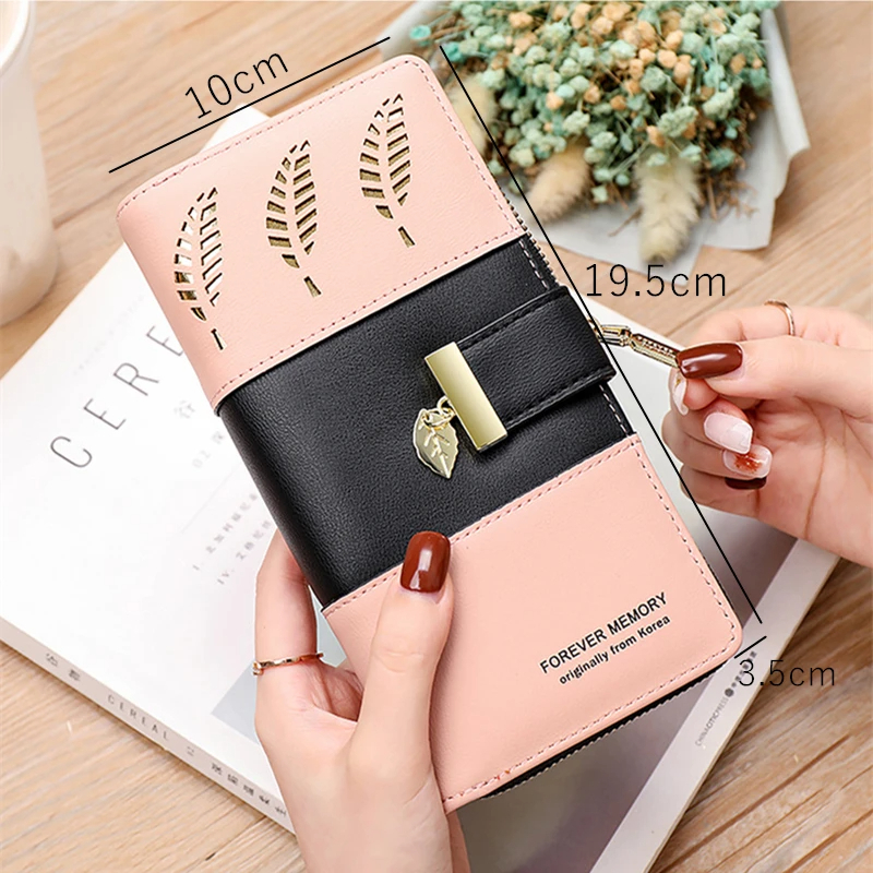 Hollow Leaves PU Leather Women's Long Wallet Fashion Female Coin Purses Hasp Zipper Hand Clutch for Women