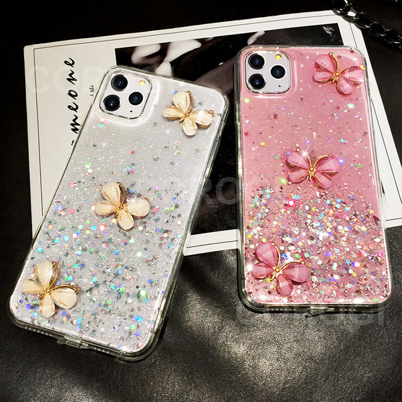 For OPPO A15 A15s Back Cover Luxury 3D Shiny Rhinestone Butterfly