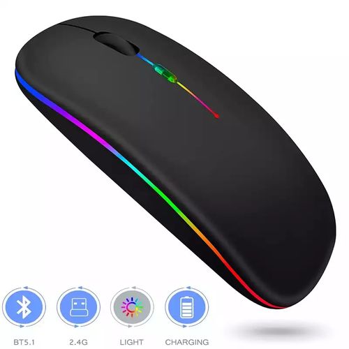 Ultra Slim Dual Mode 5.1 Bluetooth mouse Rechargeable Battery Gaming RGB USB Wireless Optical Mouse With Silent Clicks Black 2.4G Backlit Mice - Plug and Play