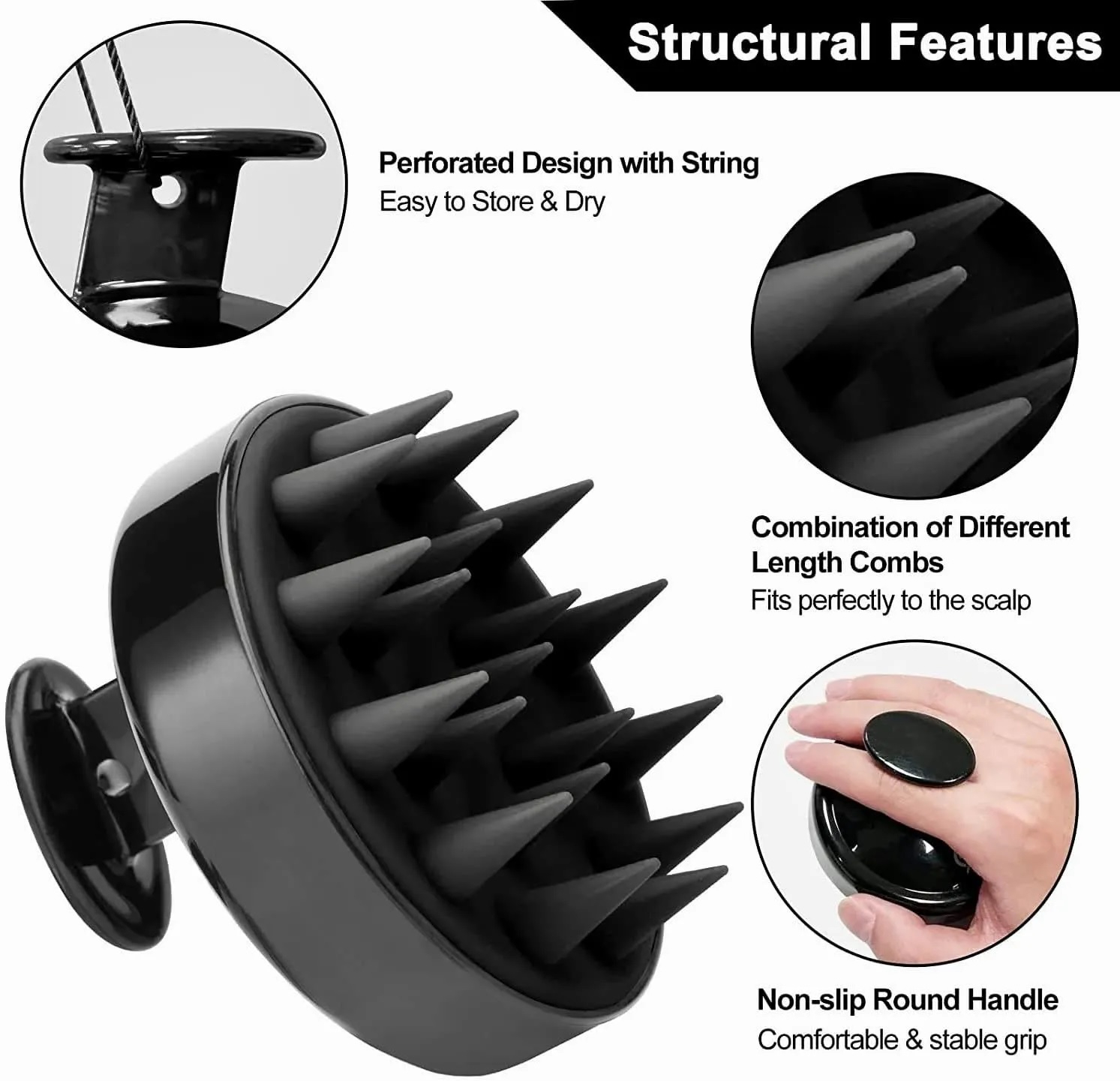 Black Shampoo Massager Brush Scalp Hair Scrubber with Soft Silicone Bristles For All Type Of Hairs Straight Curly Wet Dry For Men Women Children