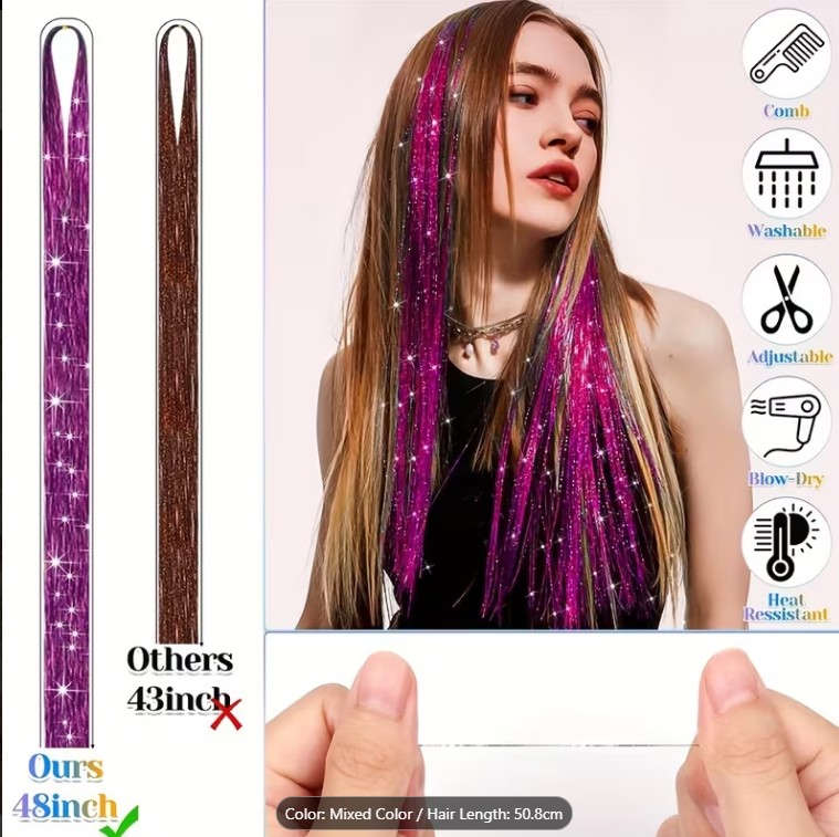 12 Colors Fairy Tinsel Hair Extensions – 2000 Strands Shiny Glitter Hair Highlights | Sparkling Festive Hairpiece for Parties,  Christmas & New Year**