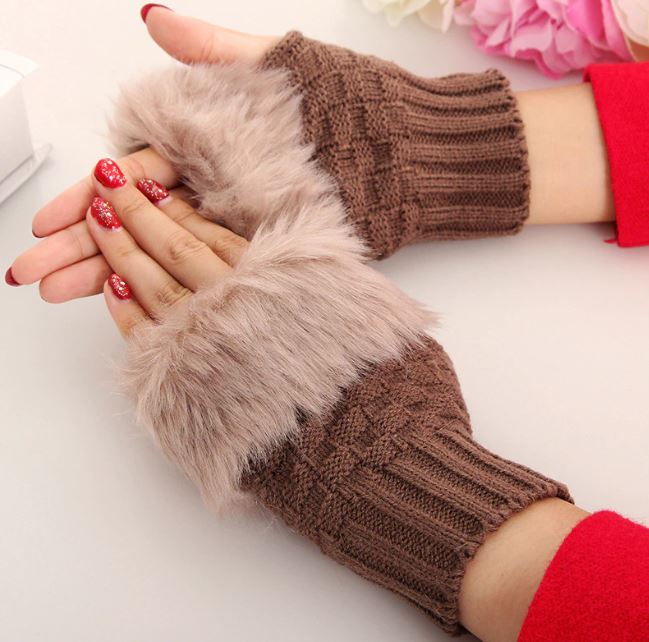 ENRAX CART Winter Solid Color Faux Rabbit  Gloves Arm Sleeve Cover Warmer Fingerless Wrist Gloves Knitted Mitten Fashion Women Gloves