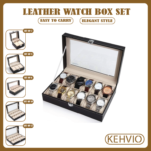 Watch Box Organizer for Men PU Leather Storage Case Classic and Luxury Style Black 2/3/6/10/12 Grid