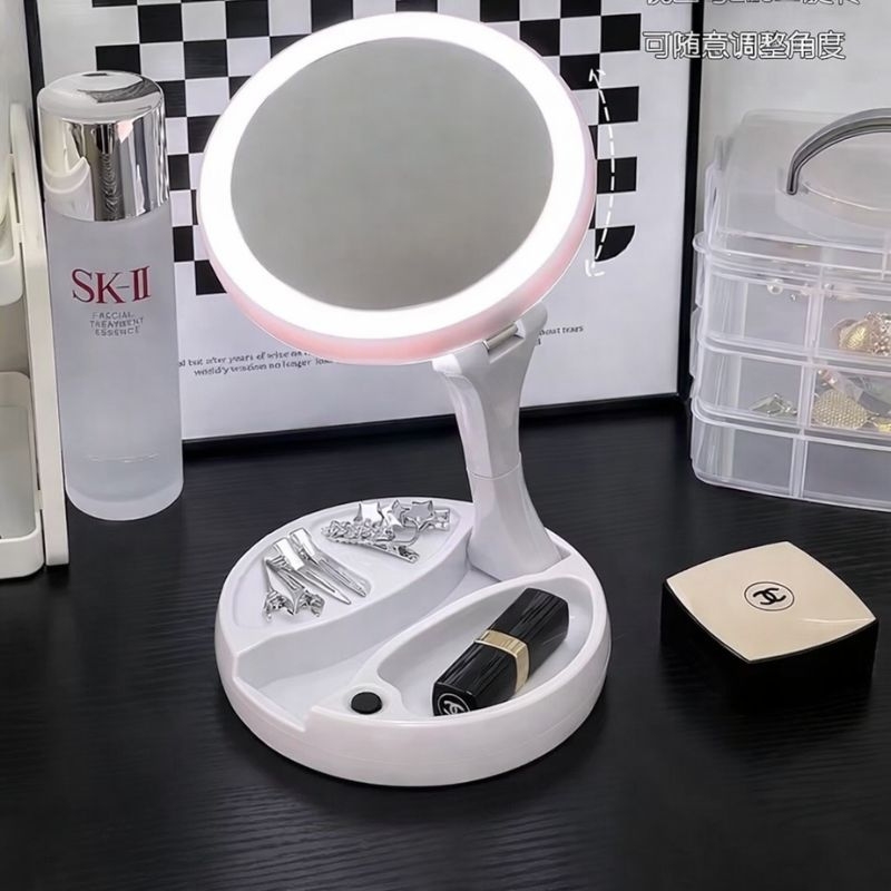 LED Makeup Mirror with Magnification & Storage Tray – Adjustable Table Top Makeup Mirror