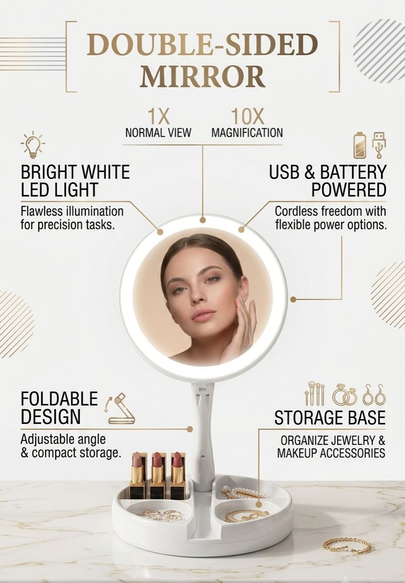 Double Sided Folding LED Makeup Mirror with Light | USB Power & Battery Lighted Vanity Mirror | Foldable Portable Tabletop Cosmetic Mirror with Stand & Storage Tray (1X/10X)