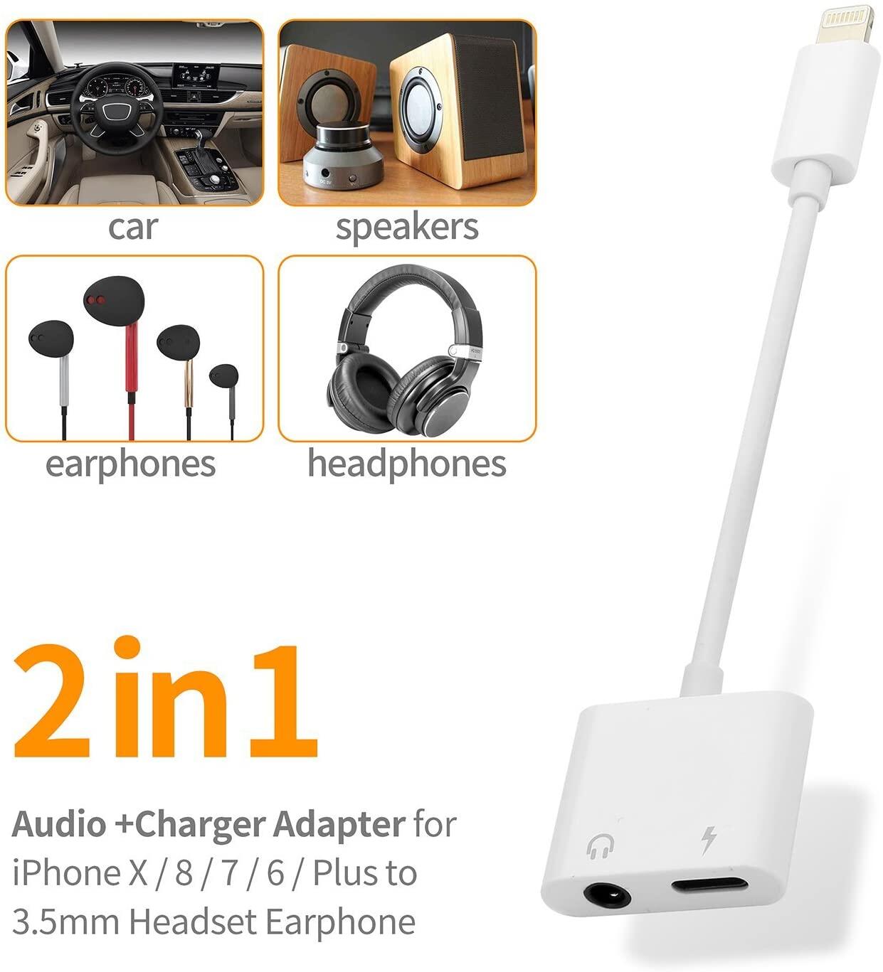 AzaTech Lightning to 3.5mm 2 in 1 Earphone Audio Adapter For Lighting Charger Cable Mobile Phone Aux Dual Jack Splitter Headphone & Fast Charging Connector Converter