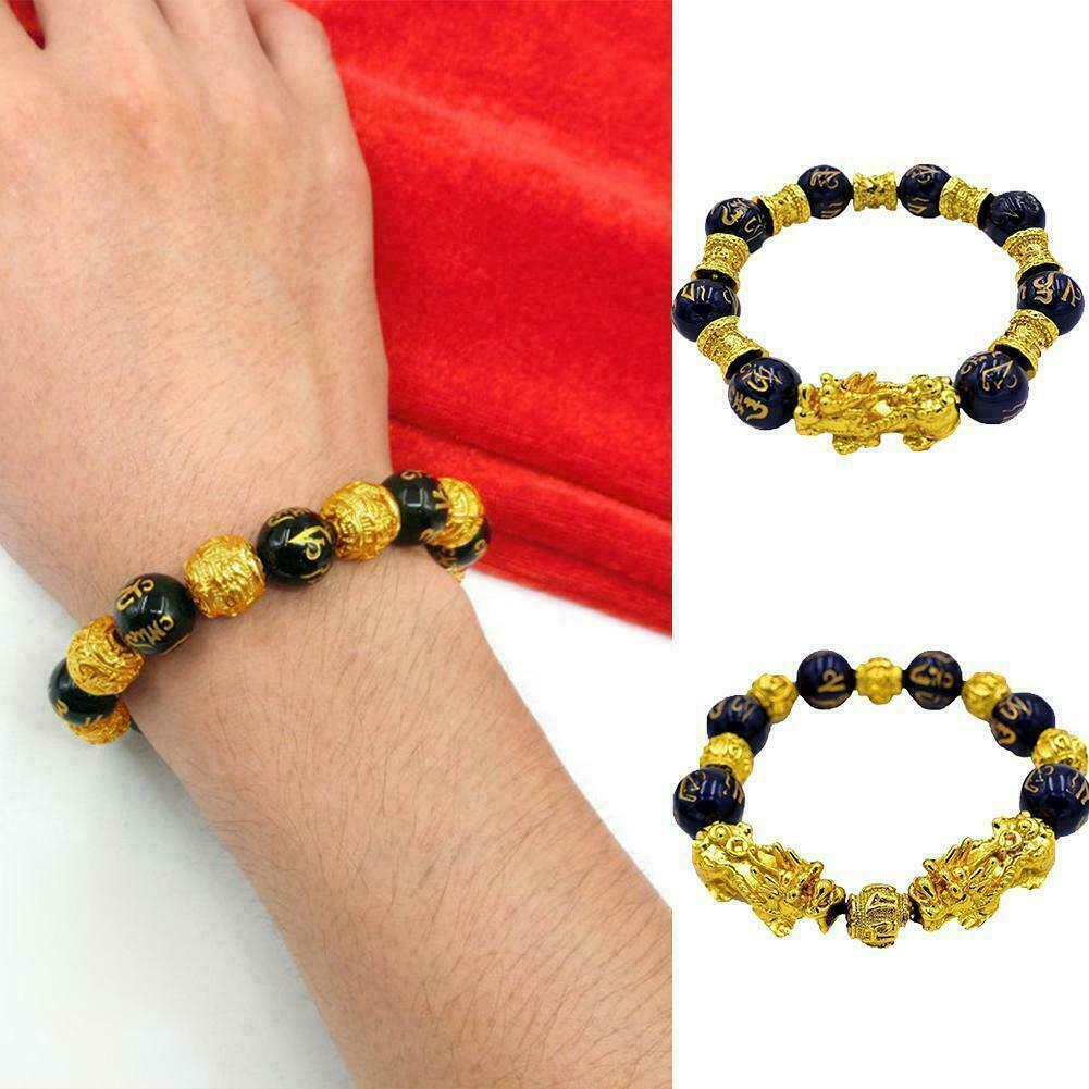 Bracciale in ossidiana Pixiu: ciondoli riempiti in oro 24k, gioielli Feng Shui per la ricchezza, perline da 10 mm - Italia