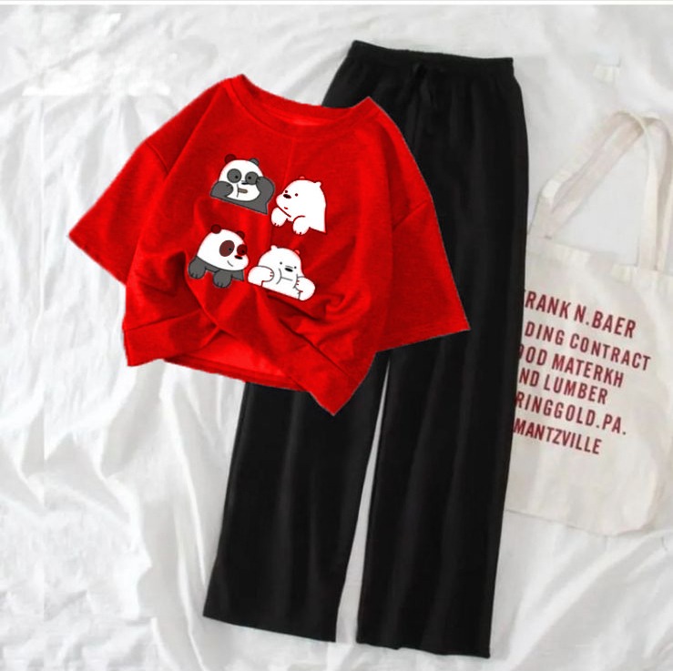 New Women's Cartoon Print Crop Top and Flapper Trouser Set - Comfortable Fashion Top & Wide Leg Pants