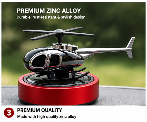 Solar Powered Rotating Helicopter Car Air Freshener | Alloy Aromatherapy Diffuser | Auto Rotating Fragrance | Car Dashboard Perfume | Home & Office Decor