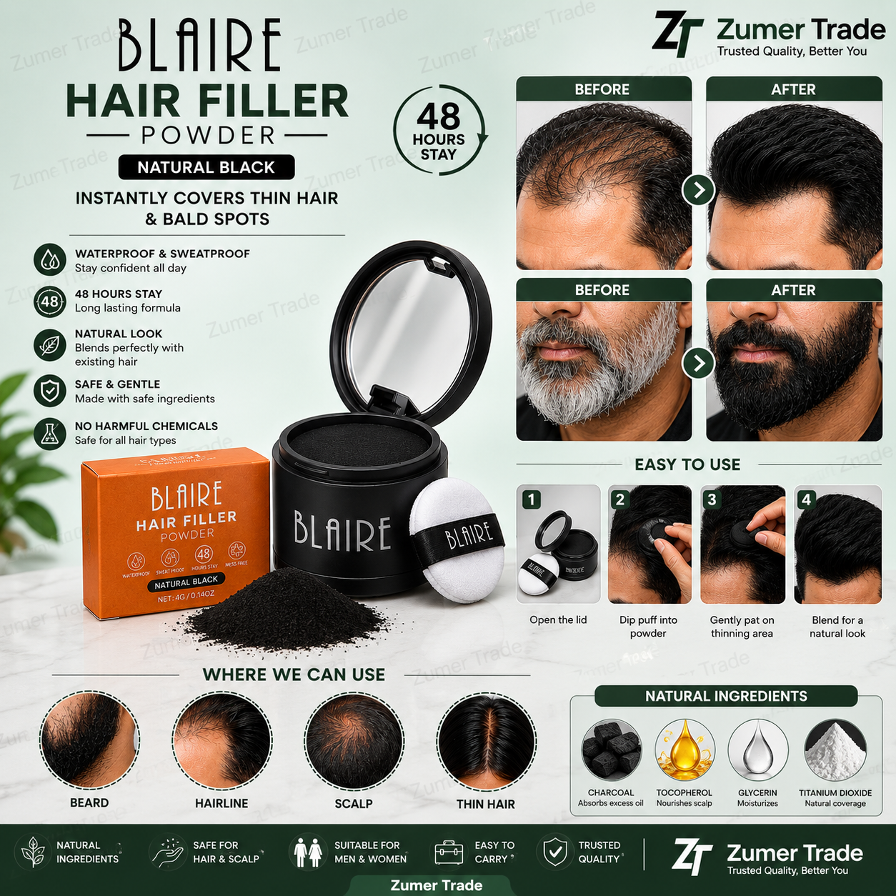 FRAKIN BLAIRE Hair Filler Powder Natural Black | Waterproof & Sweatproof Hairline Shadow | Instant Hair Root Cover Up | 48 Hours Stay | Hair Loss Concealer for Men & Women | Mess-Free Hairline Powder with Mirror Puff | Zumer Trade