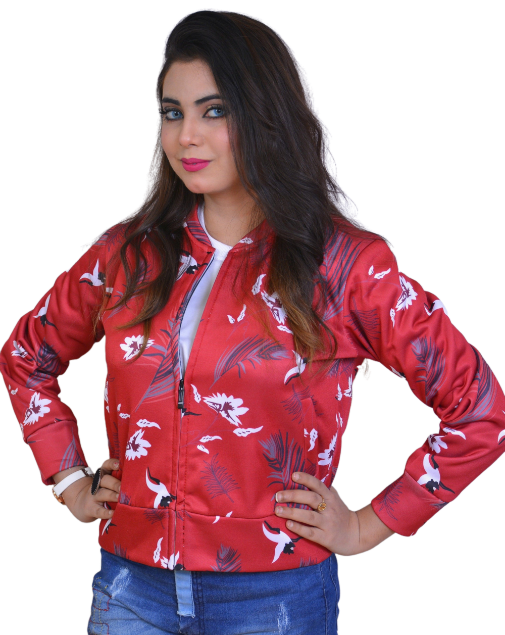 Women Jackets / Women Tropical Blooming Florals All Over Printed Bomber Jacket