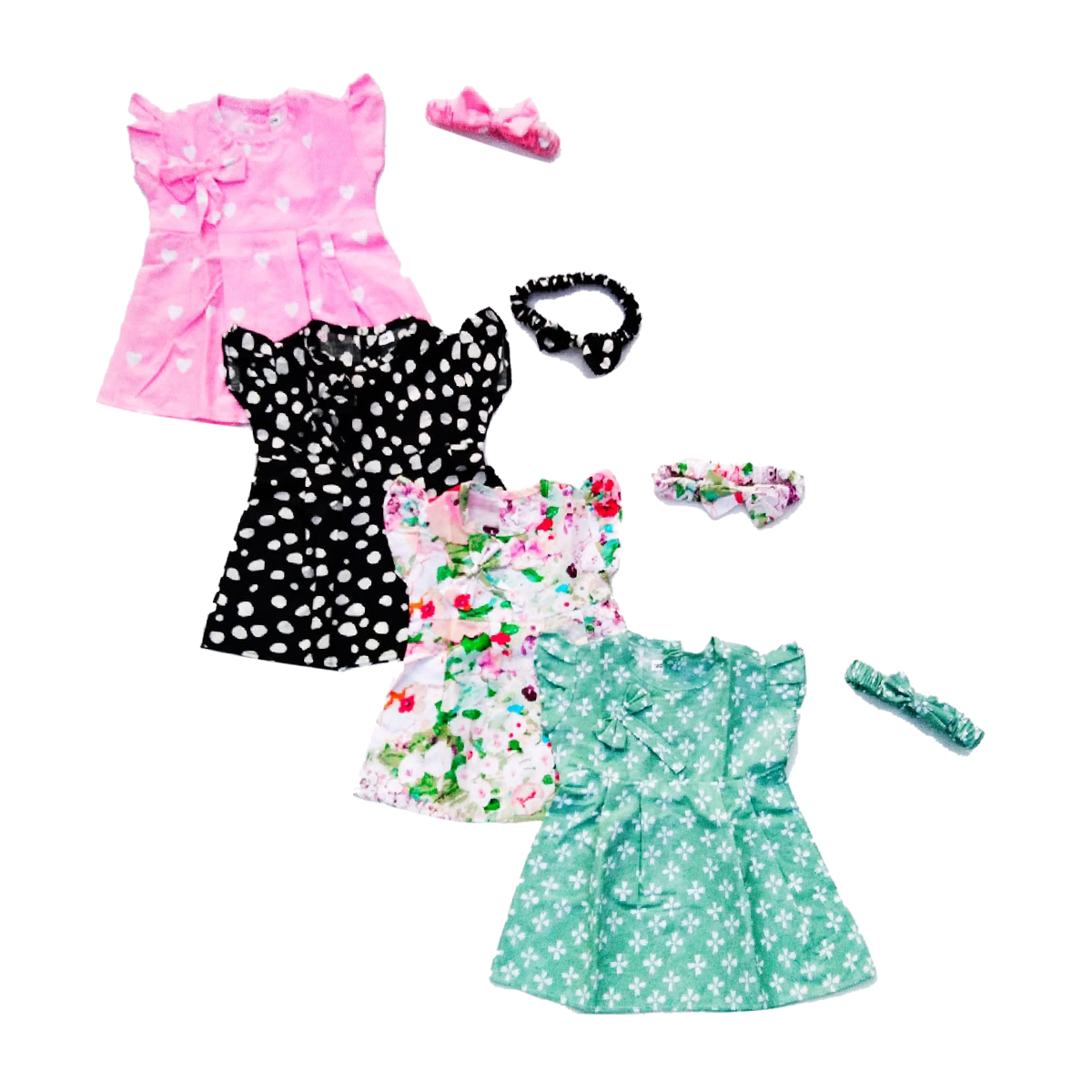 Pack of 4 Cotton Frock With Hair Bands: Random Prints For All Season (3 Months to 3 Years) - Adorable Baby Fashion