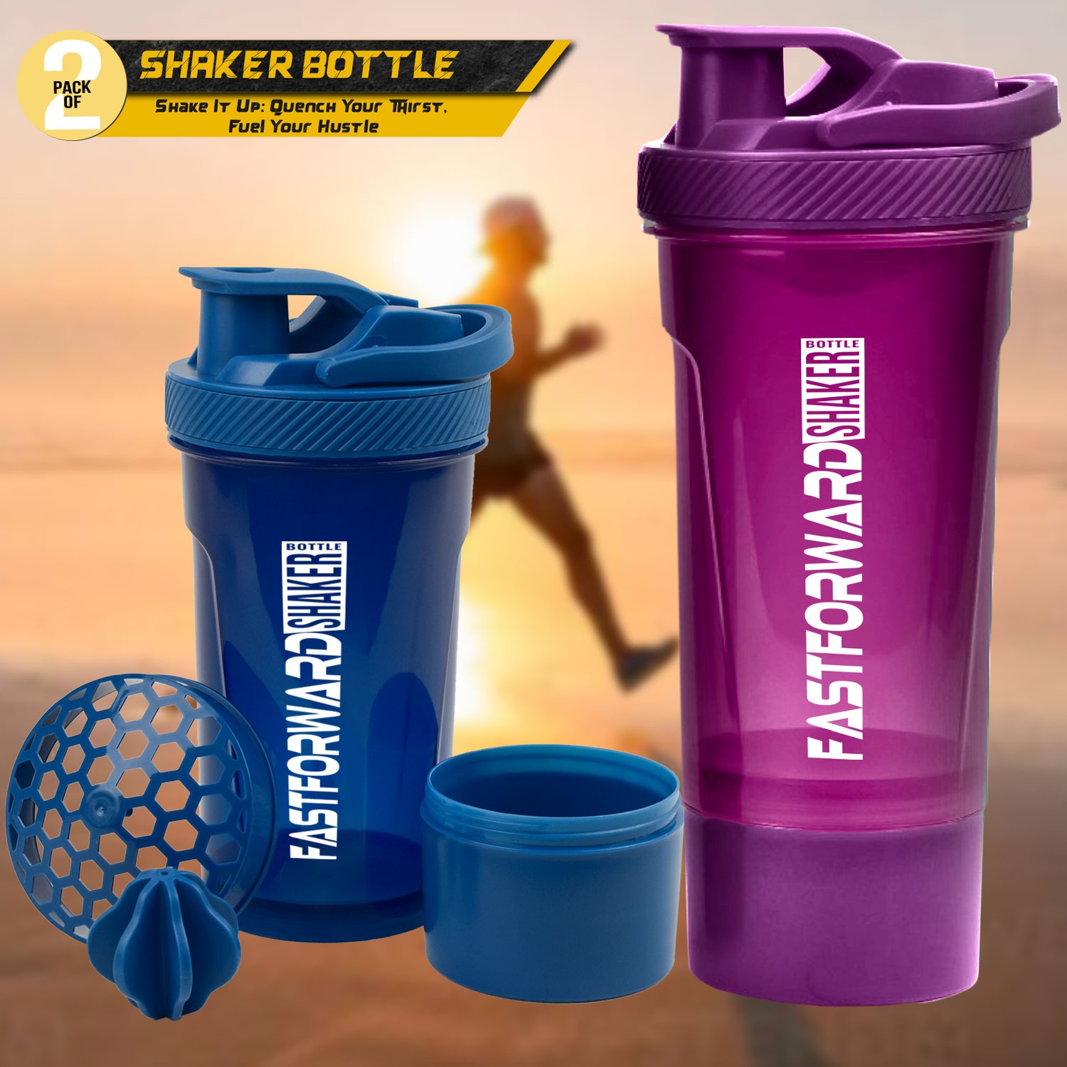 Fast Forward Shaker Bottle - 24 Ounce Protein Shaker Plastic Bottle for Pre & Post workout with Twist and Lock Protein Box Storage Pack of 2