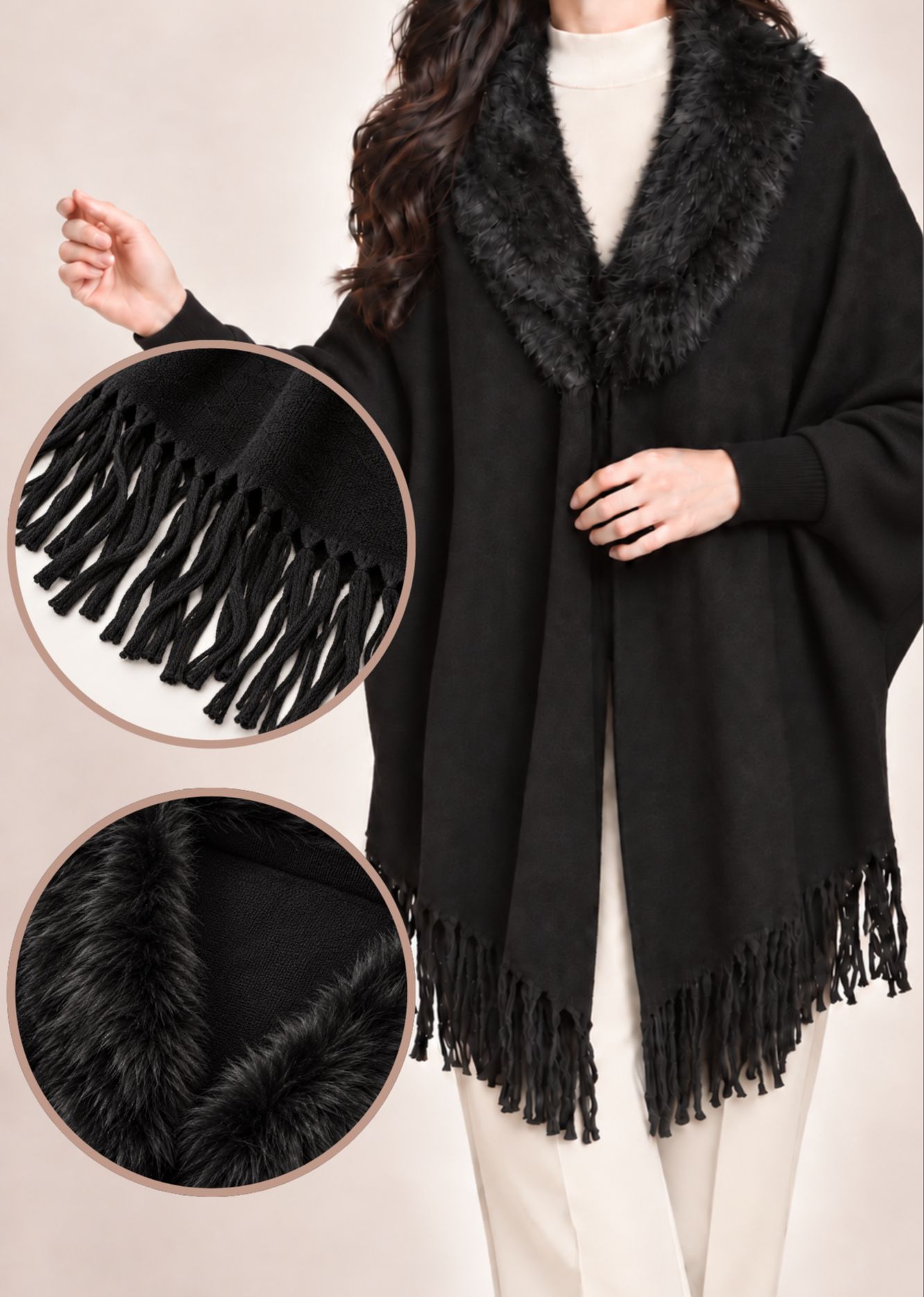 Women’s Plain Winter Fur Collar Cape Shawl | Warm Faux Fur Shawl for Women