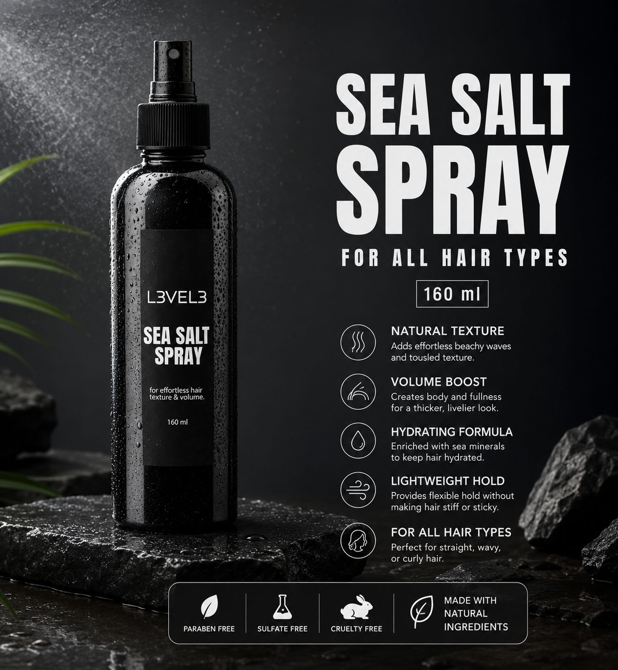 Sea Salt Spray by L3VEL3 160ml ,  250ml for Effortless Hair Texture and Volume Hair Styling Spray
