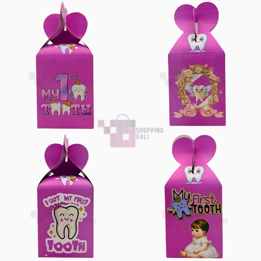 First Tooth Goody Box - 7 x 4 Inch - First Tooth Decoration - First Teeth Gift Box - First Tooth Goodie Boxes - First Tooth Decoration Baby Box - First Teeth Decoration Themes - First Tooth Boxes - Pink - Girls - Pack Of 10