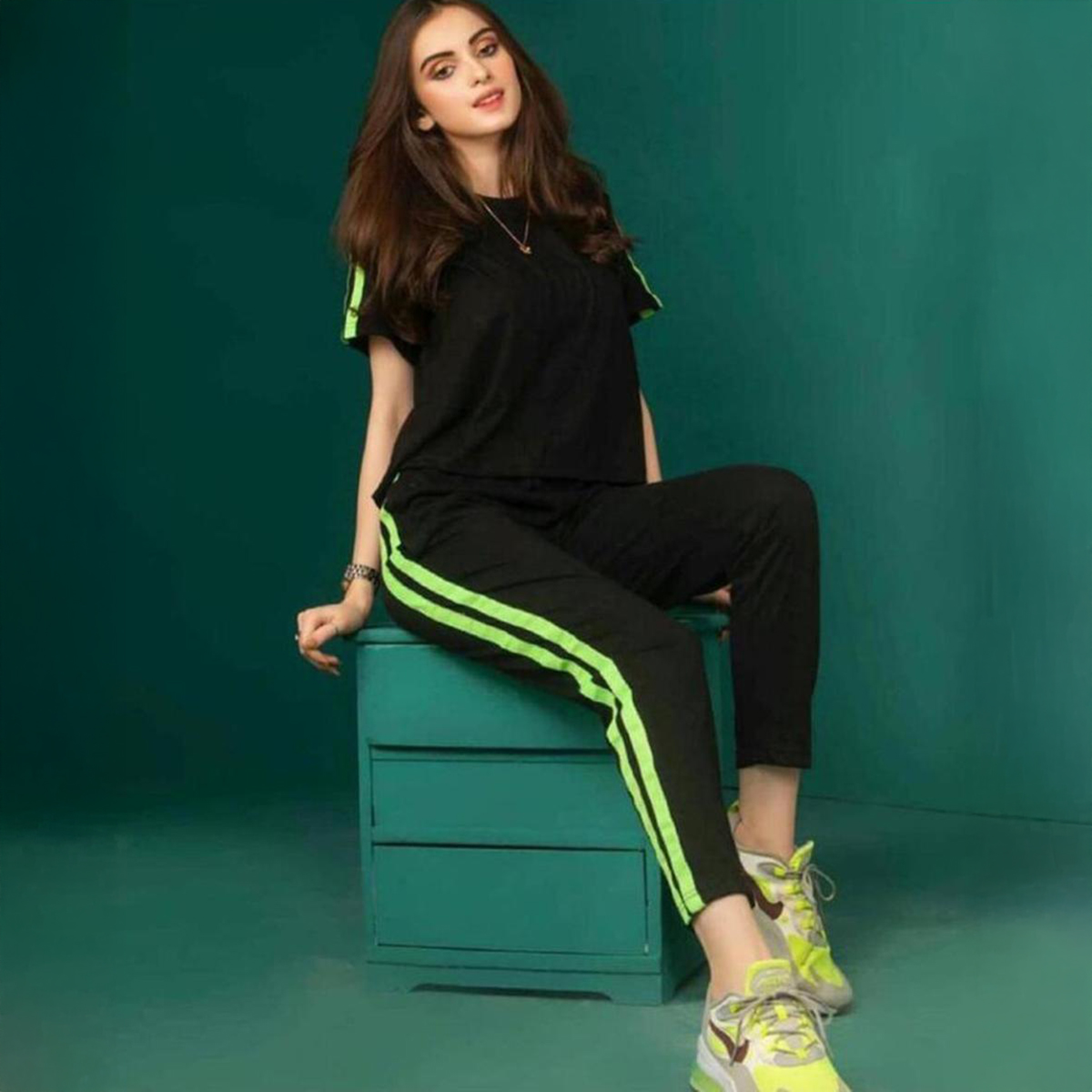 Black with Green Stripes Gym Suit for Women - Trendy and Comfortable