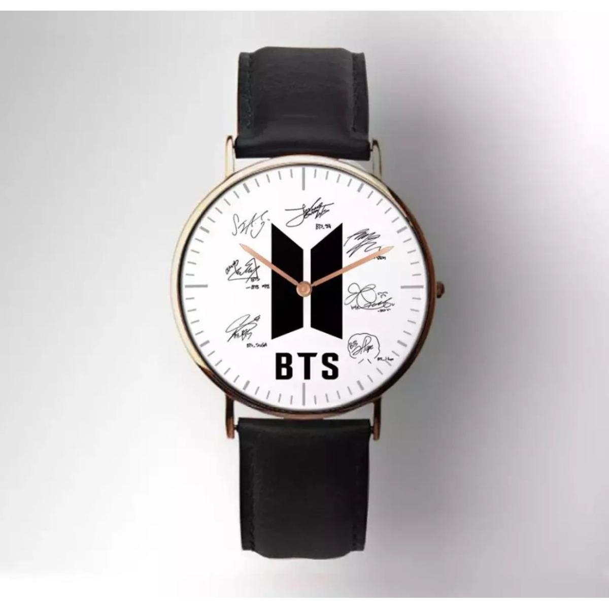 BTS Signature Round Dial Quartz Watch with Black Leather Strap for Women