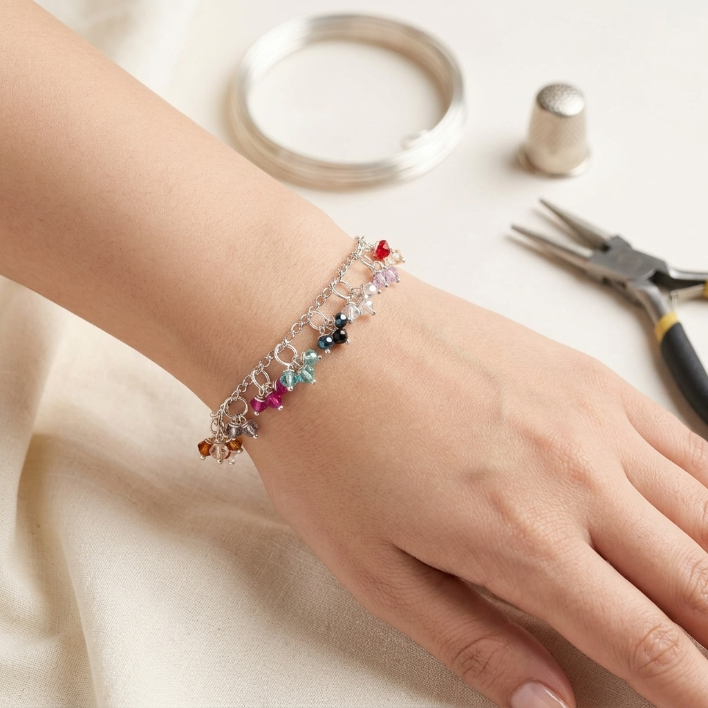 Crystal Beaded Chain Bracelet for Girls & Women | Adjustable Korean Style Charm Bracelet | Handmade Colorful Beads Chain Bracelet with Lobster Clasp | Party, Wedding, Eid Gift Pakistan