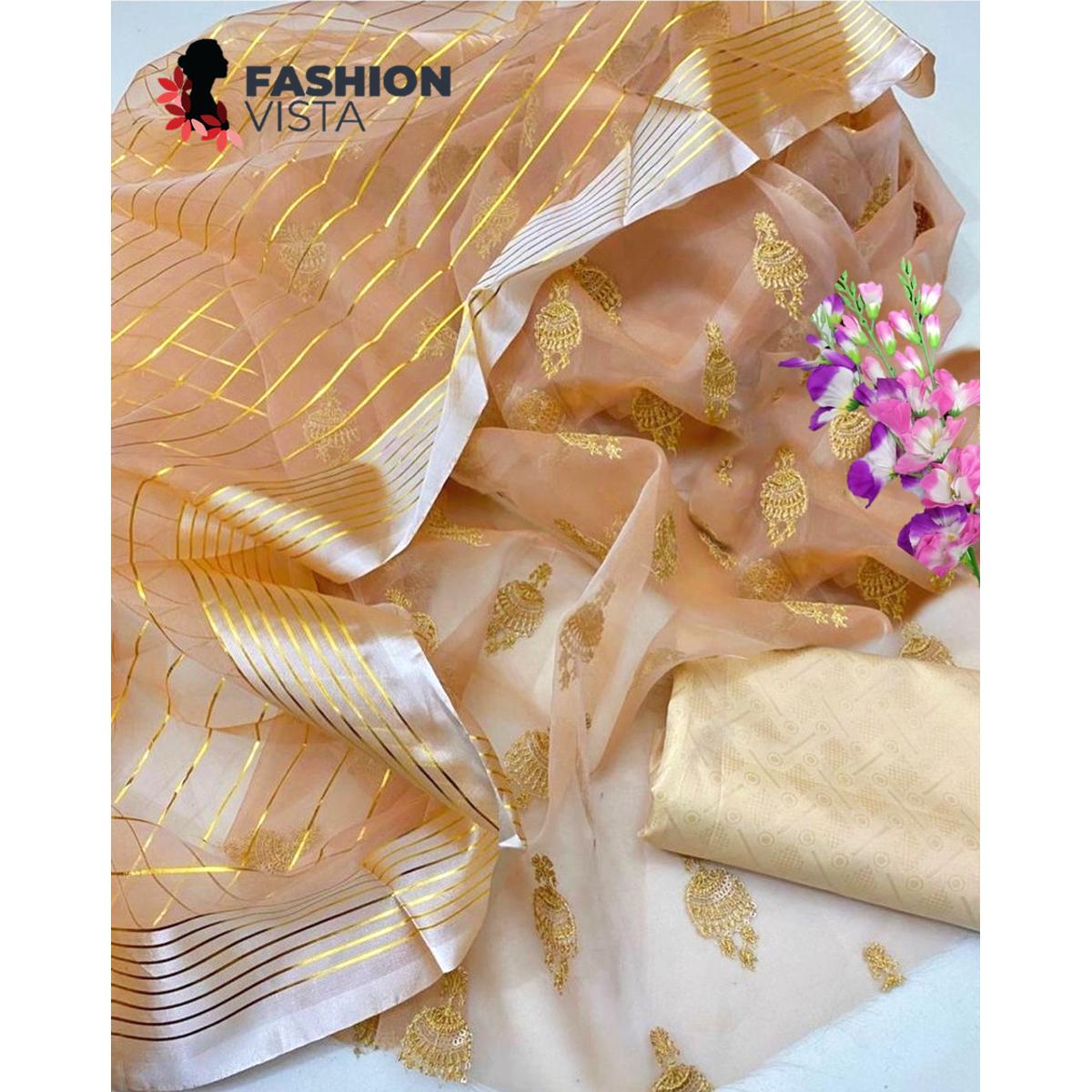 Fashion Vista Organza 3 Piece Unstitched Suit Embroidered Shirt & Trouser with Organza Dupatta - Peach