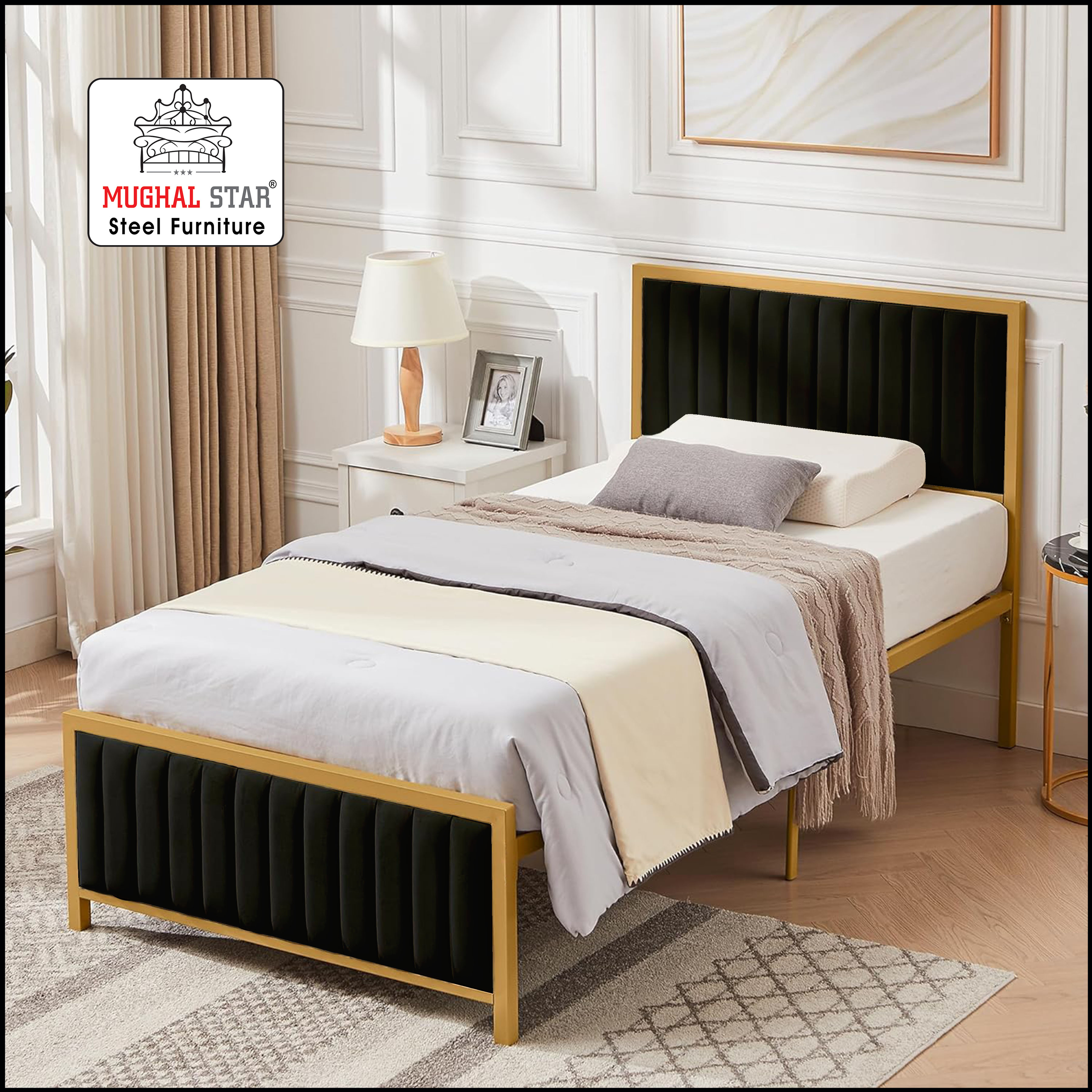 Super Delux Bed Single / Iron Bed / Single Bed /Different Colors are available /  Mughal Star steel Furniture