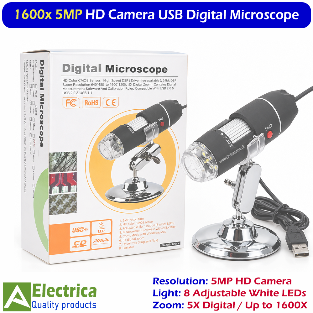 1600X 5MP HD USB Digital Microscope Camera with 8 Adjustable White LEDs, 5X Digital Zoom, Measurement Software & Metal Stand by Electrica