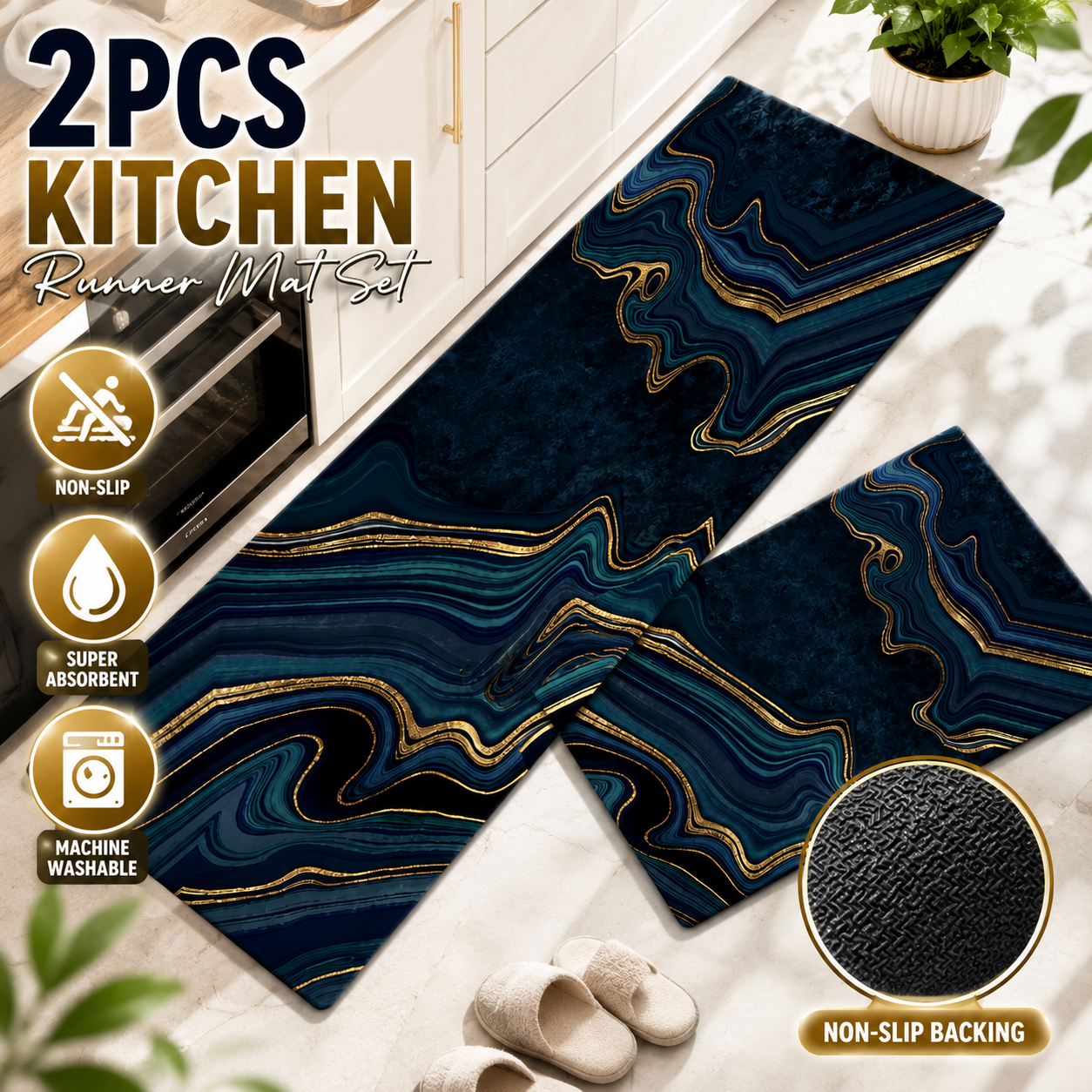 The ShopMore - 2pcs Kitchen Runner Mat Non Slip Super absorbent Bedroom Long Bedside Area Rug Soft Washable Carpet Bathroom Entrance Doormat