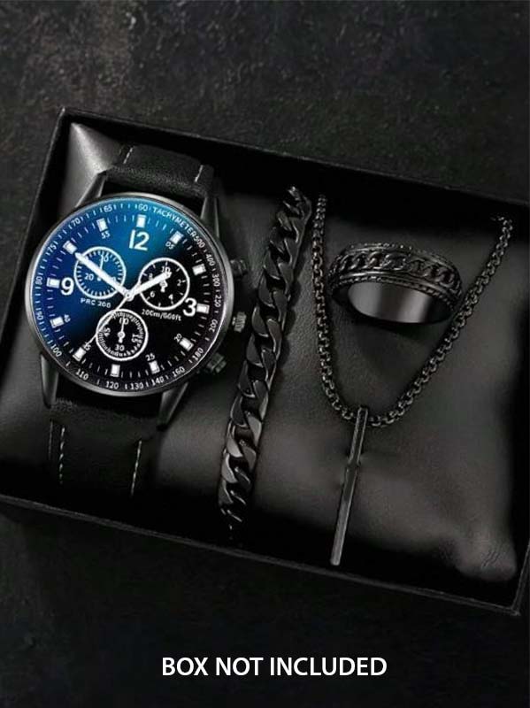 Pack of 4 Black Watch, Chain Bracelet, Ring, Bar Locket Set for Men/Boys