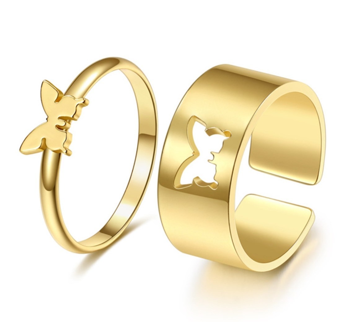 2 Pcs Adjustable Butterfly Couple Rings Set Golden Open Engagement Ring for Girls Boys