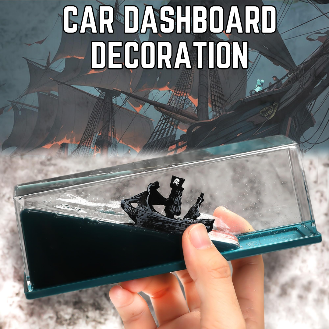 Black Pirate Cruise Ship Unsinkable Fluid Drip Bottle Decoration - Acrylic Design - Pirate Ship and Black Water - Car Dashboard Decoration