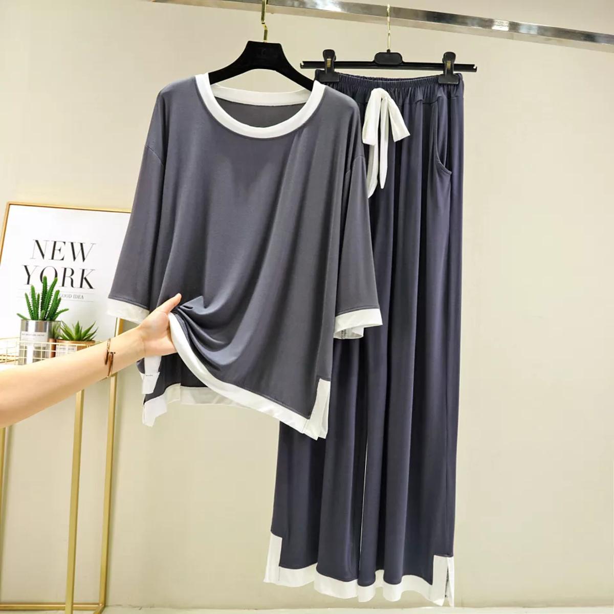 Grey Round Neck With Flapper Style Night Suit For Women